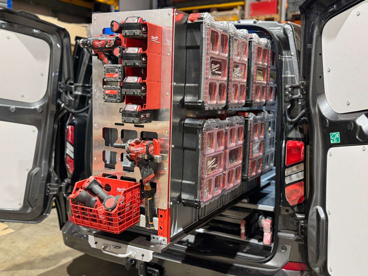 Picture of a Milwaukee Packout Pull Out Unit in a Van with Milwaukee Packout Accessories Clipped onto the Milwaukee Packout Gable and Milwaukee Packout Organisers Clipped onto the Milwaukee Packout Back