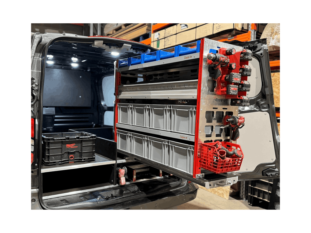 Picture of a Milwaukee Packout Pull Out Shelving Unit in a Van with Selections of Grey and Blue Boxes with a Bin Kit with Milwaukee Packout Accessories clipped onto the Milwaukee Packout Gables
