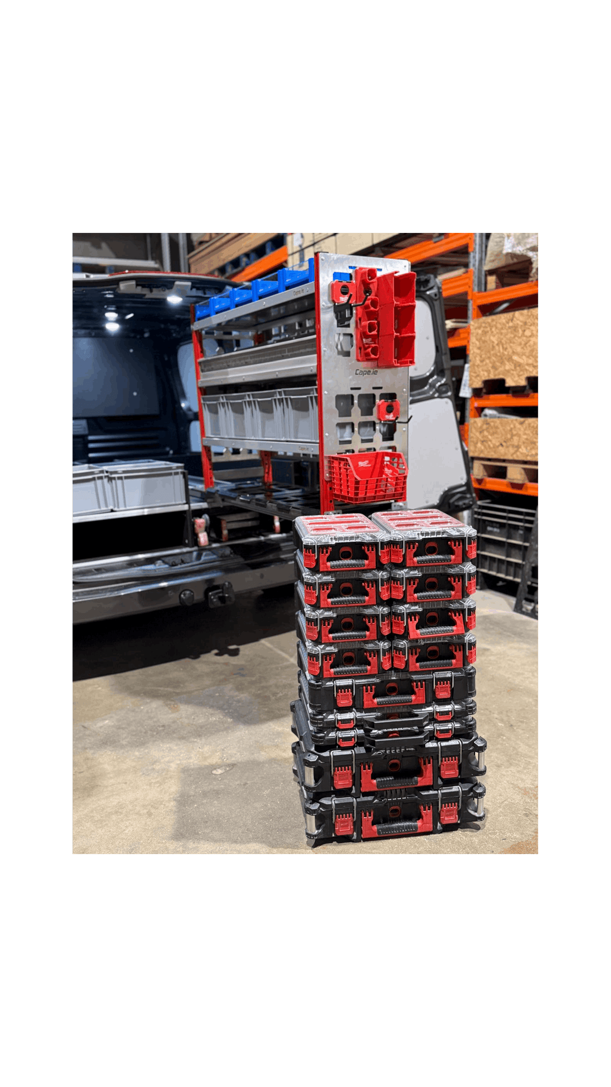 Picture of a Milwaukee Packout Pull Out Shelving Unit in a Van with Milwaukee Packout Accessories clipped onto the Milwaukee Packout Gable with Milwaukee Packout Organisers sitting in front