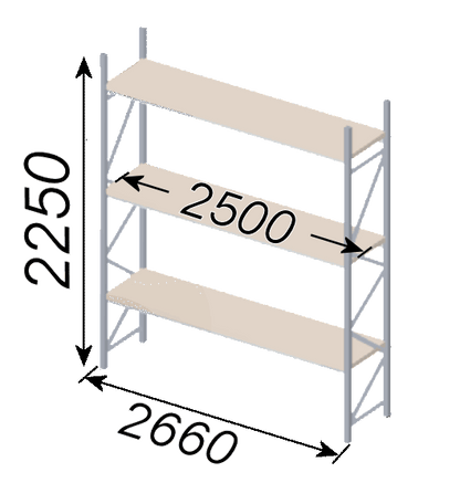 2500mm Long x 600mm Deep x 2.25 Metre High (470KG Capacity) 3 Levels Epsivol Racking