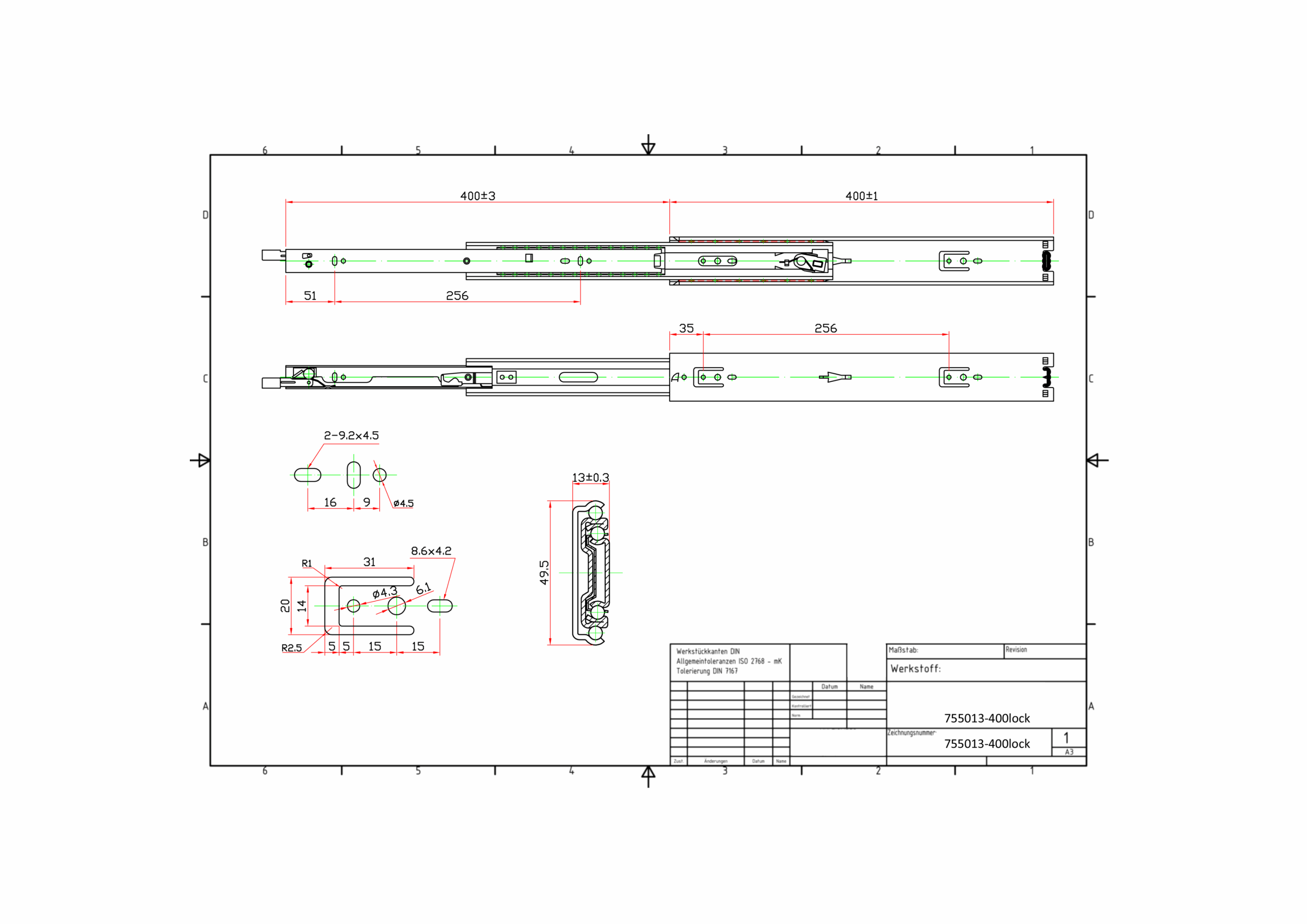 Technical Drawing for the "Locks Open and Closed" Drawer Slides