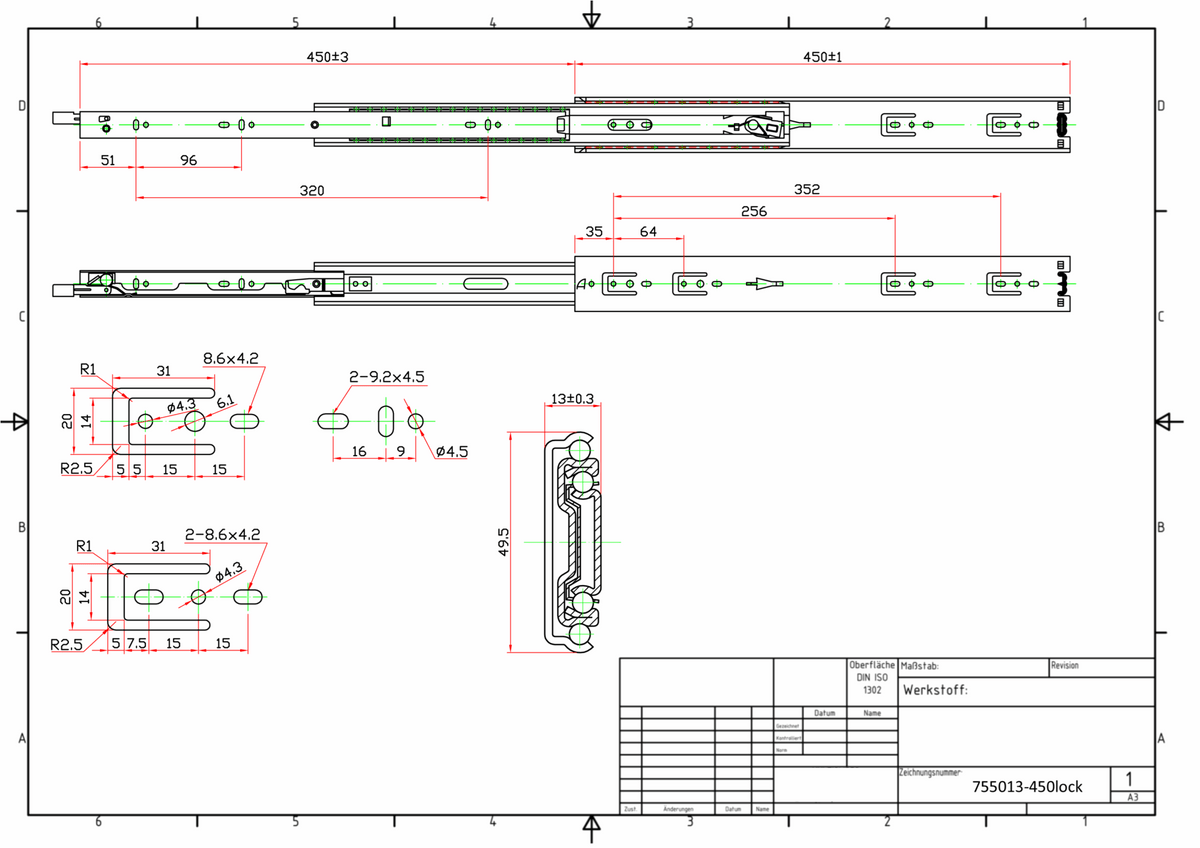 Technical Drawing for the "Locks Open and Closed" Drawer Slides