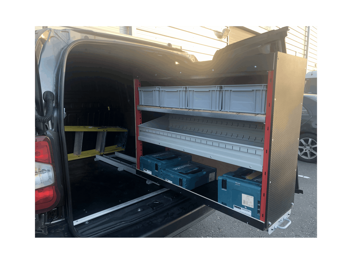 Picture of a Pull Out Shelving Unit in a Van with a Selection of Grey Euro Boxes and a Bin Kit