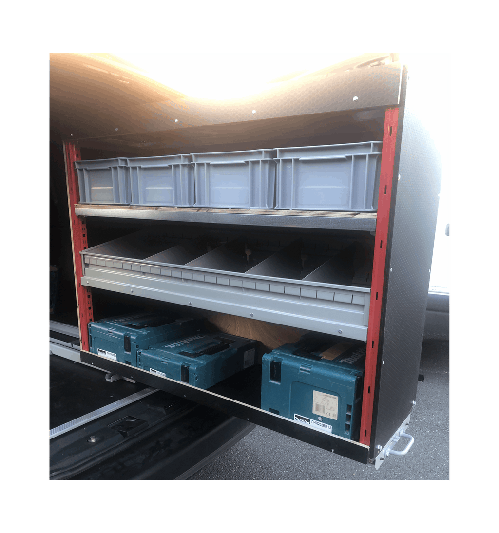 Picture of a Pull Out Shelving Unit in a Van with a Selection of Grey Euro Boxes and a Bin Kit