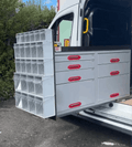 Picture of a Drawer Cabinet Pull Out Unit in a Van with a Stack of MB Boxes fixed to the Back