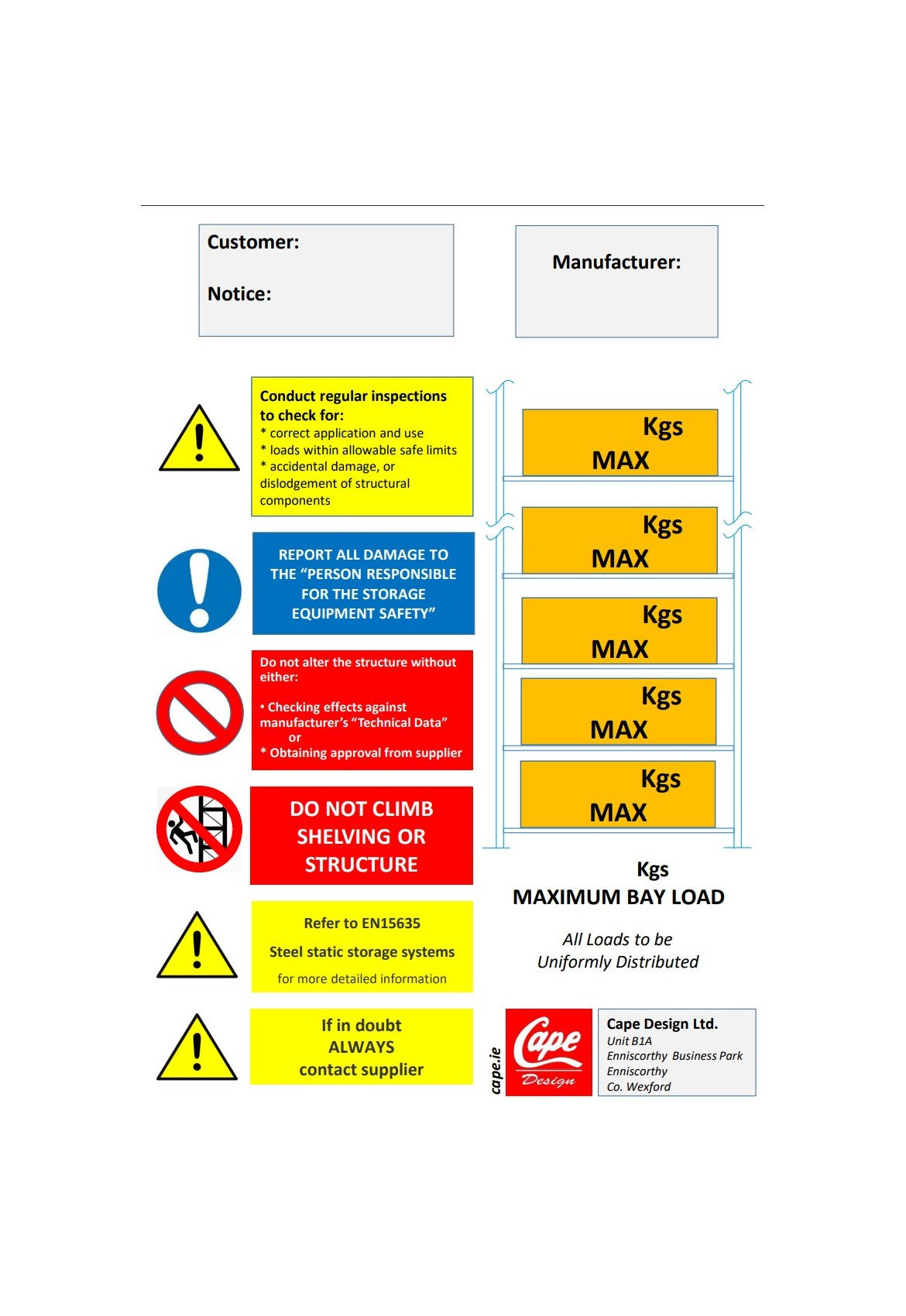 Shelving Load Notice A4 - Shelving - Signage - Cape Direct