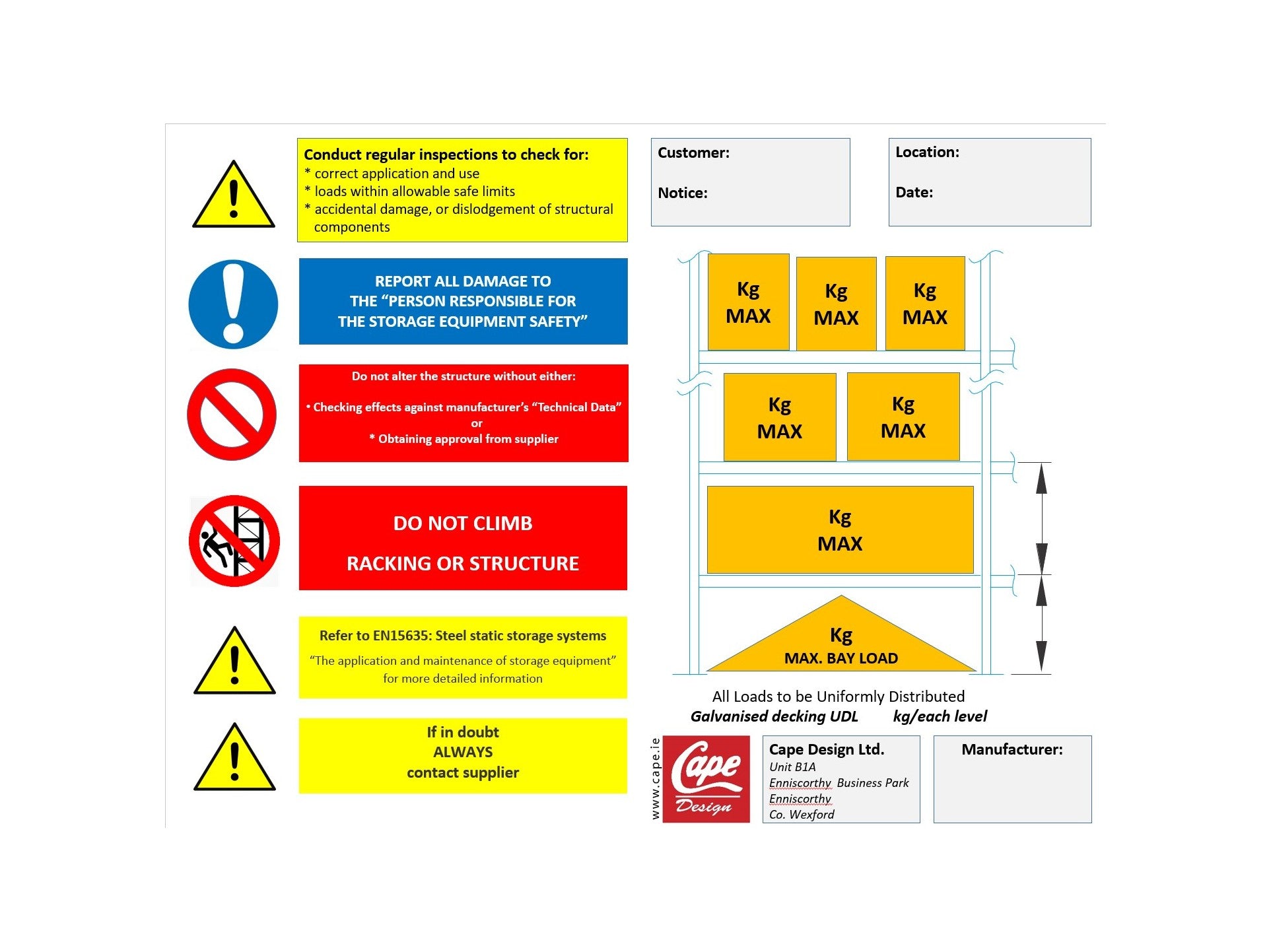 Example Max Load Notice On Racking Racking Load Notice A3 – Cape Direct