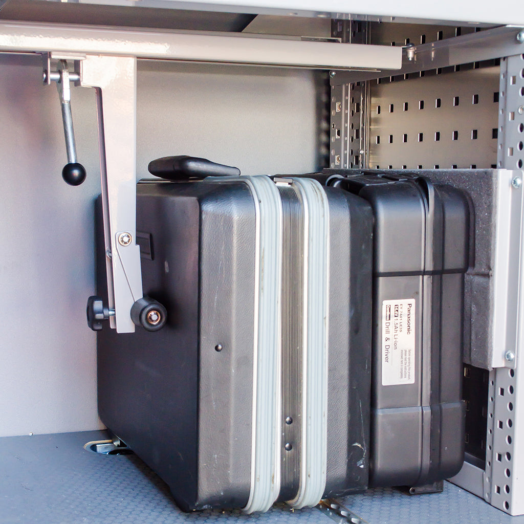 Power tools boxes Clamp - Cape Direct - Lashing Point, Load Securing, Tie Down rail, Tool Organiser, Van accessories, Van organisation, vanfit, vanshelving, Zevim
